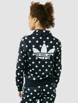 A black adidas polka dot jacket with a sleek silhouette and contrast dot details.