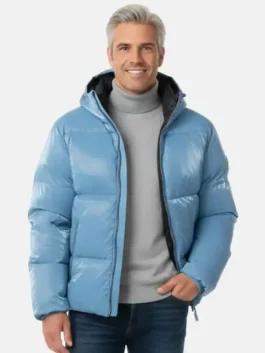 Andy Cohen blue jacket worn open to show the inner lining and styling options.