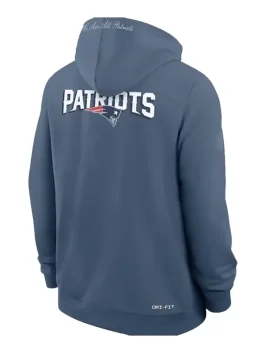 Back view of a slate blue New England Patriots hoodie. It features the word 