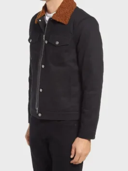 A stylish Black Jacket With Brown Collar featuring a durable cotton shell and shearling collar.