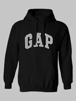 A sleek black Gap hoodie with a minimalist design and a professional fit.