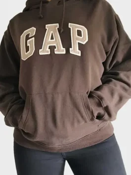 Front view of a Brown GAP Hoodie with a secure hood and a classic logo design.