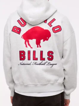 Detailed close-up of the back graphic on the Buffalo Bills grey hoodie.