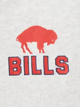 Close-up of the Buffalo Bills graphic logo on the chest of the grey popover hoodie.