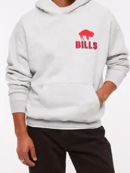 Model wearing the Buffalo Bills grey hoodie in a casual front-facing pose.