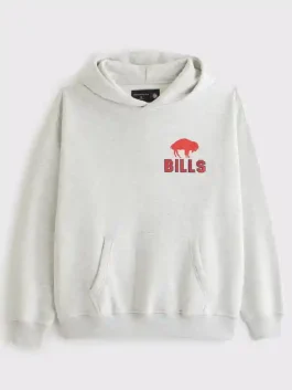 Full front view of the grey Buffalo Bills graphic popover hoodie with pouch pocket.