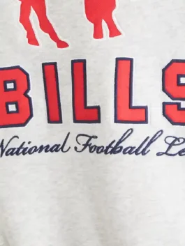 Close-up of the sleeve and hem patches on the Buffalo Bills grey hoodie.