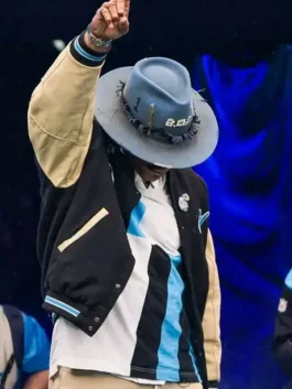 A premium Cam Newton Varsity Jacket featuring a modern athletic cut and striped cuffs.