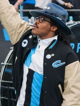 A classic Carolina Panthers Cam Newton Varsity Jacket in team.