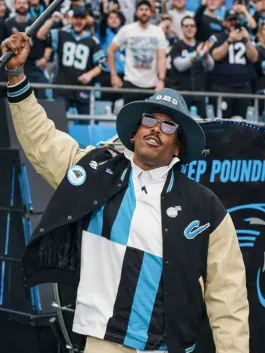 Front view of the blue and black Cam Newton Varsity Jacket with official team logos.