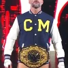 CM Punk Steiner Bros themed varsity jacket in navy and white with snap buttons and rib knit trim