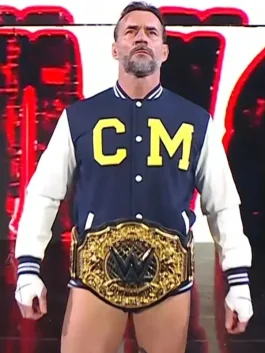 CM Punk Steiner Bros themed varsity jacket in navy and white with snap buttons and rib knit trim