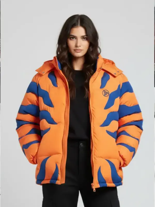 A Digimon Greymon Puffer Jacket made with a smooth and water resistant finish.