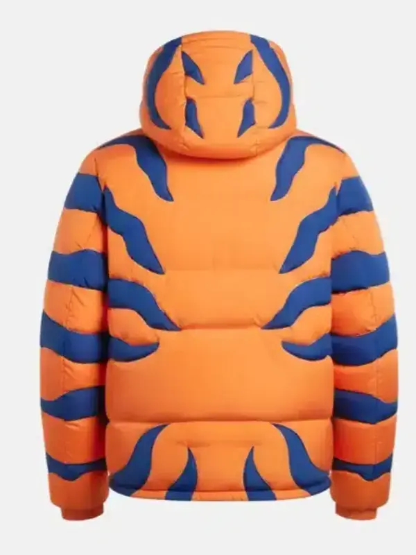 The back view of a Digimon Greymon Puffer Jacket showing the uniform stripe pattern.