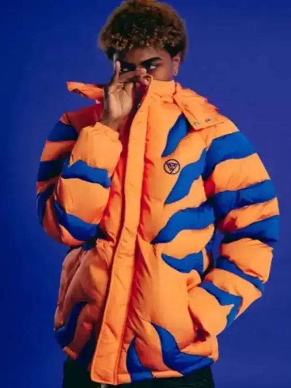 A full profile of the Digimon Greymon Puffer Jacket with a bold and colorful design.