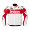 A front view of the Supreme Motorcycle Jacket with protective padding and iconic branding.