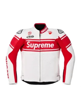 A front view of the Supreme Motorcycle Jacket with protective padding and iconic branding.