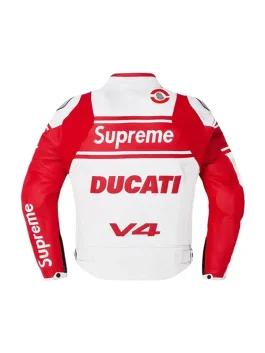 The back view of a Supreme Motorcycle Jacket featuring bold red and white racing logos.