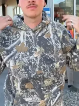 Front view of a dutch bros camo hoodie with a rugged camouflage pattern and a cozy hood.