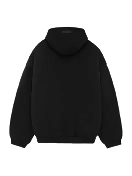 Front view of a black Fear Of God State hoodie with bold chest lettering.