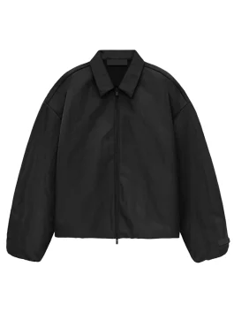 Front view of a black fear of god state jacket with a secure closure and smooth finish.