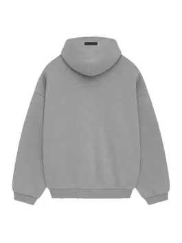 The back view of a grey Fear Of God State hoodie showing the smooth fabric and clean hem.
