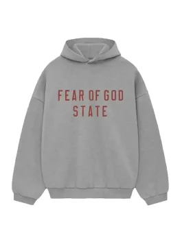 Front view of a grey Fear Of God State hoodie featuring a cozy kangaroo pocket and logo.