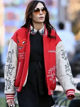 A vibrant red Famke Janssen Varsity Jacket with a classic athletic design and white trim.
