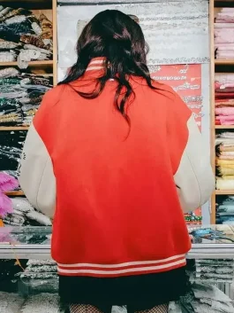 The back view of the Famke Janssen Varsity Jacket showing the smooth finish and quality stitching.