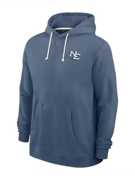 Front view of a slate blue New England Patriots hoodie featuring a white "NE" block-letter logo on the left chest. The hoodie has white drawstrings and a large kangaroo front pocket.