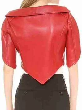 Red Leather Jacket showcasing an avant-garde heart silhouette and a sharp urban aesthetic in a rich crimson tone.