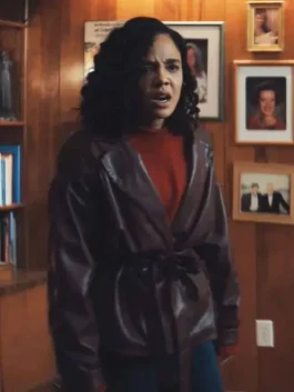 A full profile of the Tessa Thompson Brown Leather Jacket showing the durable and sleek design.