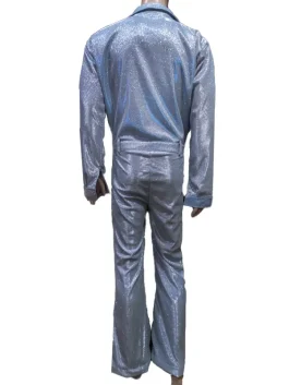 The back view of a Benson Boone Blue Jumpsuit showing the clean seams and uniform sparkle.