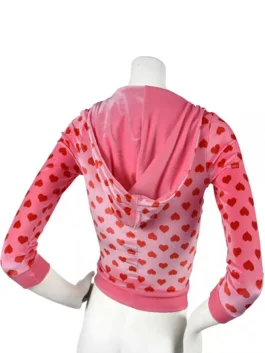 Jennifers Heart Hoodie inspired by a famous screen character with a high-contrast red and pink palette.