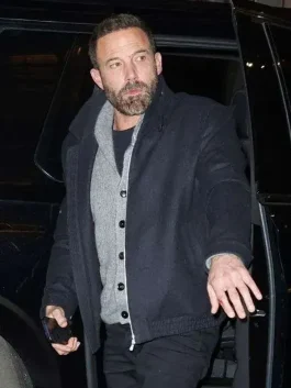 A front view of the mens Ben Affleck 2026 Black Jacket featuring a high collar and zip closure.