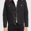Front view of a Black Jacket With Brown Collar with a secure button closure.