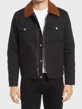 Front view of a Black Jacket With Brown Collar with a secure button closure.