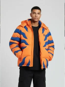 A bold mens Digimon Greymon Puffer Jacket featuring the iconic blue stripes on orange.