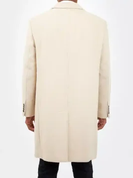 Back view of men’s beige London Fog coat 2026 showing structured fit and premium wool finish.