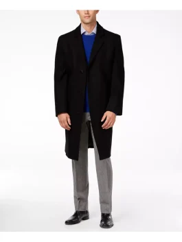 Men’s black London Fog coat 2026 front open view with lapel collar and clean wool finish.