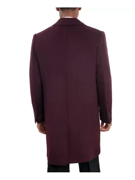 Back view of men’s burgundy London Fog coat 2026 highlighting smooth wool fabric and clean fit.