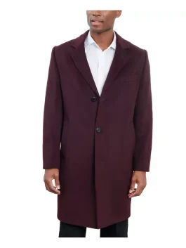 Men’s burgundy London Fog overcoat 2026 front closed view with classic lapel collar.