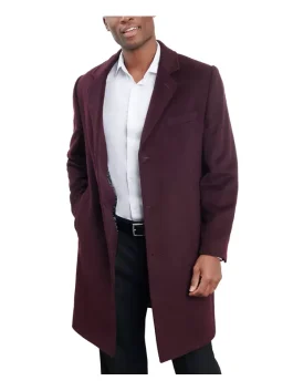 Men’s burgundy London Fog coat 2026 front open view with relaxed lapel collar style.