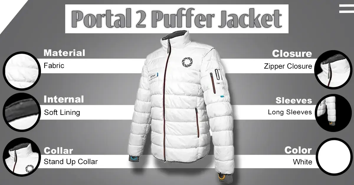 A detailed specifications guide for the Portal 2 Puffer Jacket showing sizing and technical features.