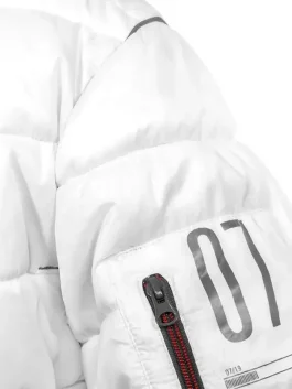 A white Portal 2 Puffer Jacket featuring a clean futuristic look and a quilted design.