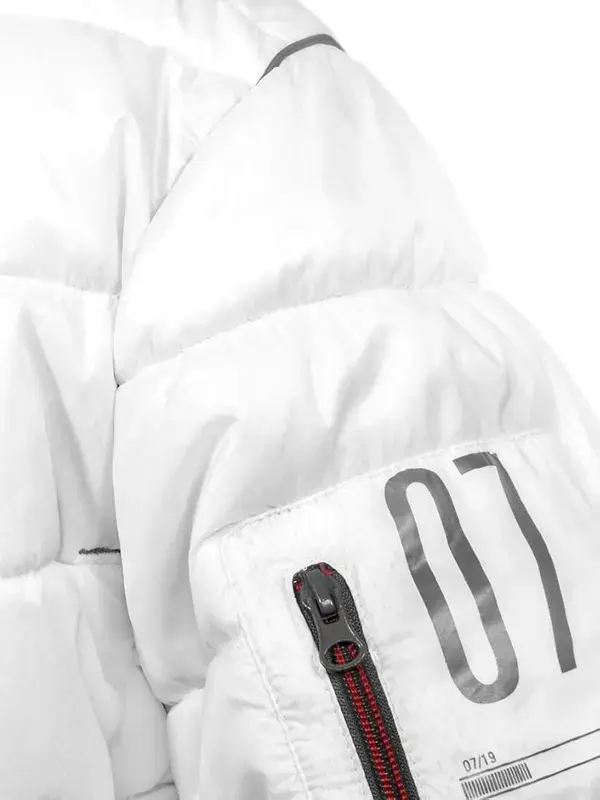 A white Portal 2 Puffer Jacket featuring a clean futuristic look and a quilted design.
