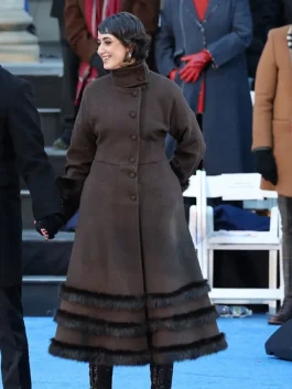 Rama Duwaji coat inspired style with a long elegant shape and a clean formal winter look.