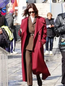 Front view of The Beauty Maroon Trench Coat highlighting the lapels and belted waist.