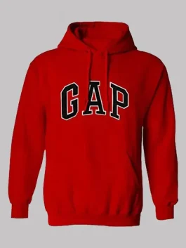 A vibrant red Gap hoodie with branding and a comfortable athletic silhouette.