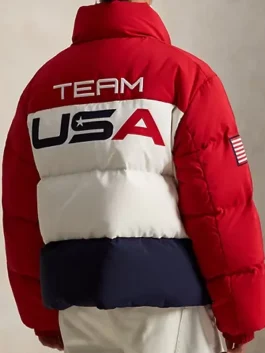 Back view of the 2026 Closing Ceremony style puffer jacket with large 
